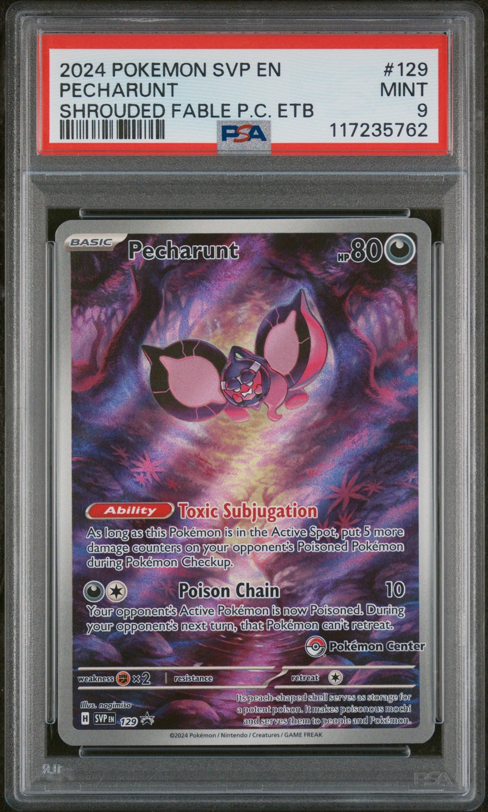 2024 POKEMON SHROUDED FABLE POKEMON CENTER ETB PROMO #129 PECHARUNT PSA 9