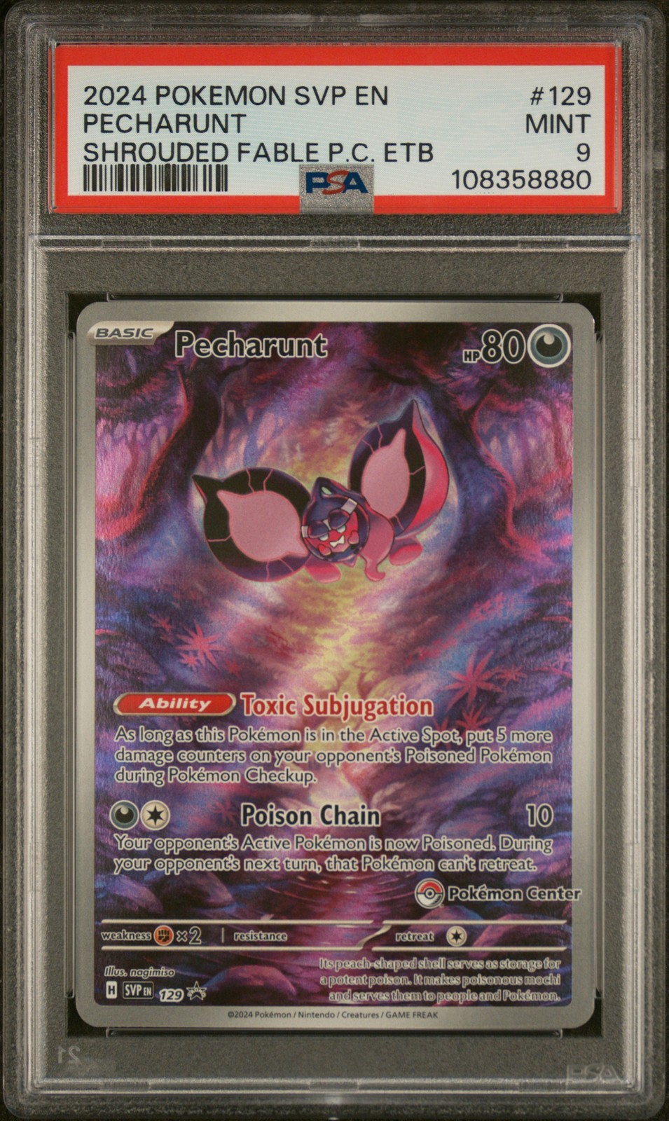 2024 POKEMON SHROUDED FABLE POKEMON CENTER ETB PROMO #129 PECHARUNT PSA 9 - Image 1