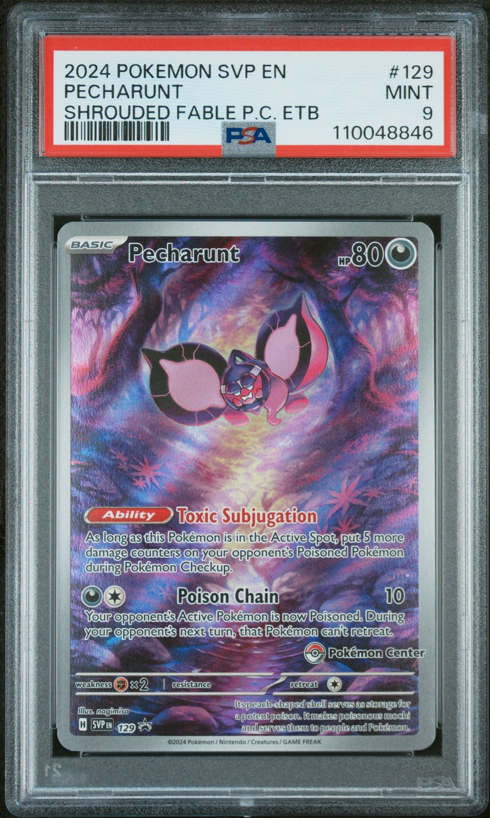 2024 POKEMON SHROUDED FABLE POKEMON CENTER ETB PROMO #129 PECHARUNT PSA 9 - Image 1