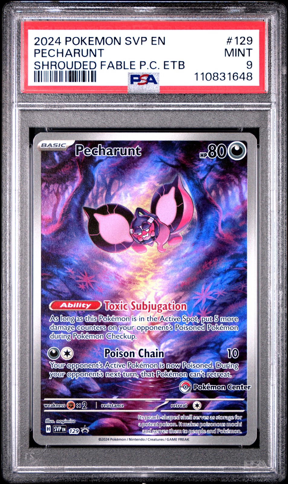 2024 POKEMON SHROUDED FABLE POKEMON CENTER ETB PROMO #129 PECHARUNT PSA 9 - Image 1