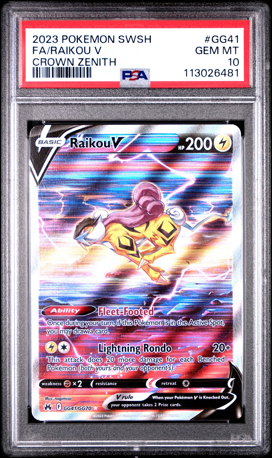 2023 POKEMON SWORD & SHIELD CROWN ZENITH #GG41 FULL ART/RAIKOU V PSA 10
