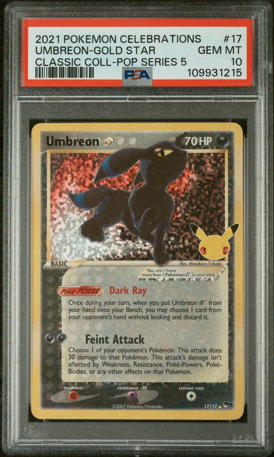 2021 POKEMON CELEBRATIONS CLASSIC COLL #17 UMBREON-GOLD STAR PSA 10