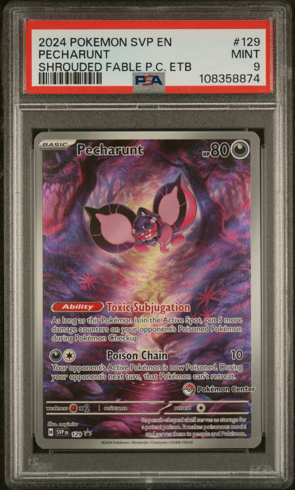 2024 POKEMON SHROUDED FABLE POKEMON CENTER ETB PROMO #129 PECHARUNT PSA 9