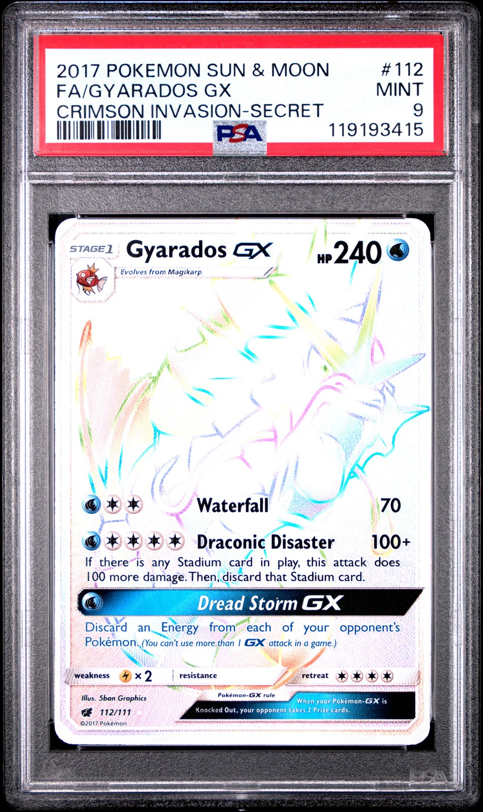 2017 POKEMON SUN & MOON CRIMSON INVASION SECRET #112 FULL ART/GYARADOS GX PSA 9 - Image 1