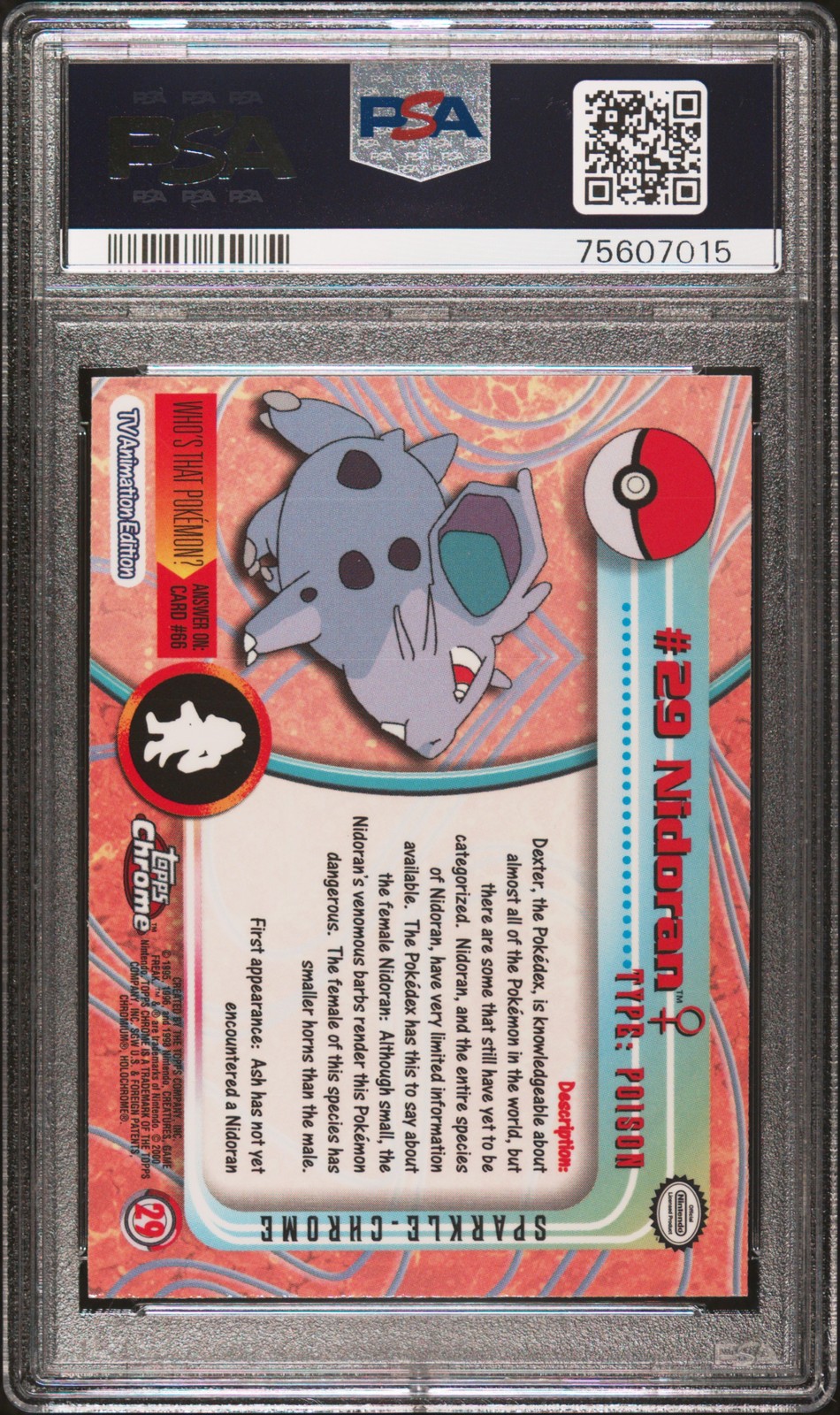 2000 TOPPS CHROME POKEMON T.V. SPARKLE #29 NIDORAN PSA 10 - Image 3