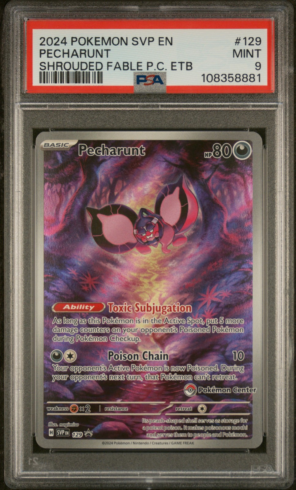 2024 POKEMON SHROUDED FABLE POKEMON CENTER ETB PROMO #129 PECHARUNT PSA 9