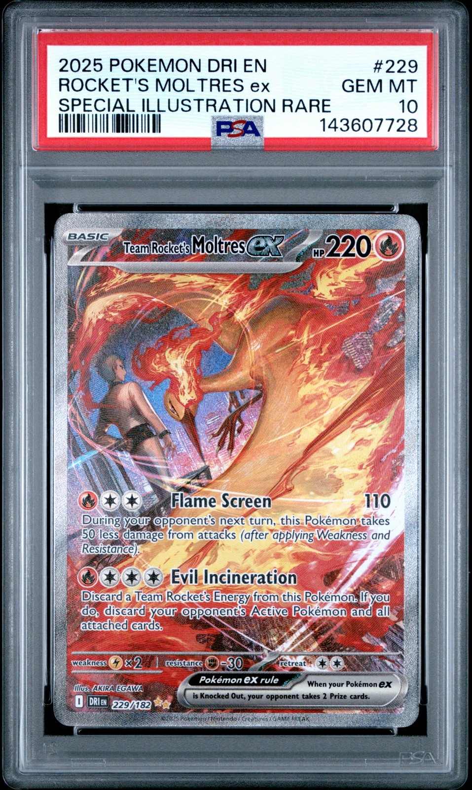 2025 POKEMON DRI EN-DESTINED RIVALS #229 TEAM ROCKET'S MOLTRES EX PSA 10