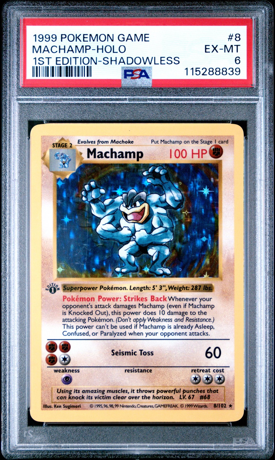 1999 POKEMON GAME 1ST ED-SHADOWLESS #8 MACHAMP-HOLO PSA 6 - Image 1