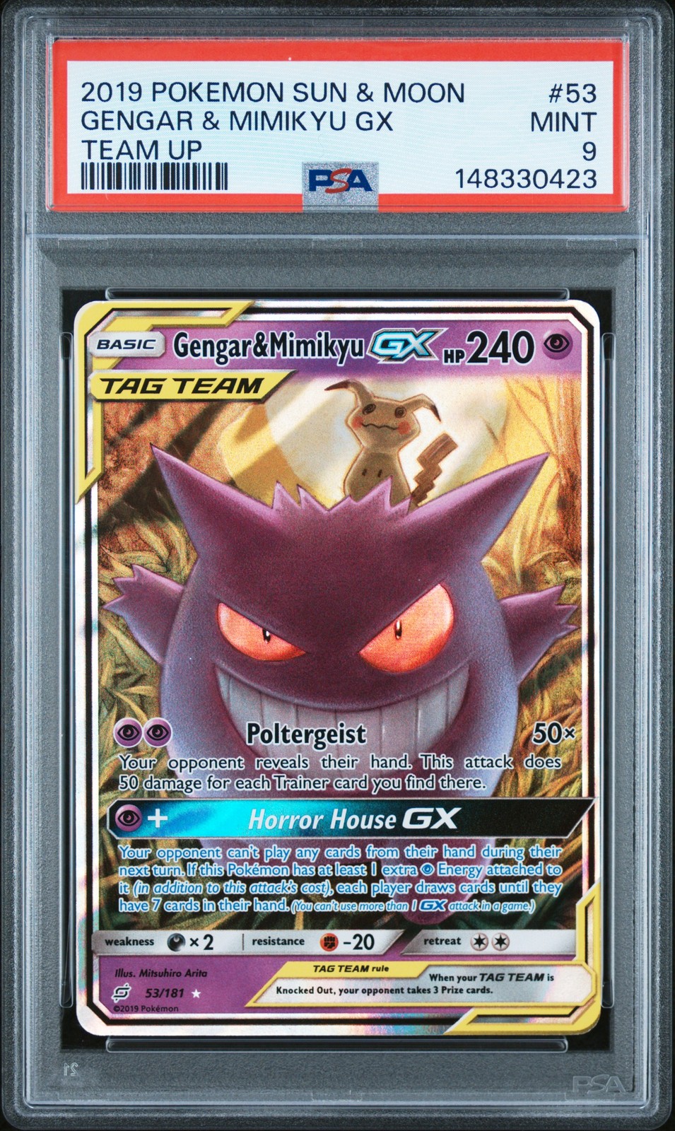 2019 POKEMON SUN & MOON TEAM UP #53 GENGAR & MIMIKYU GX PSA 9