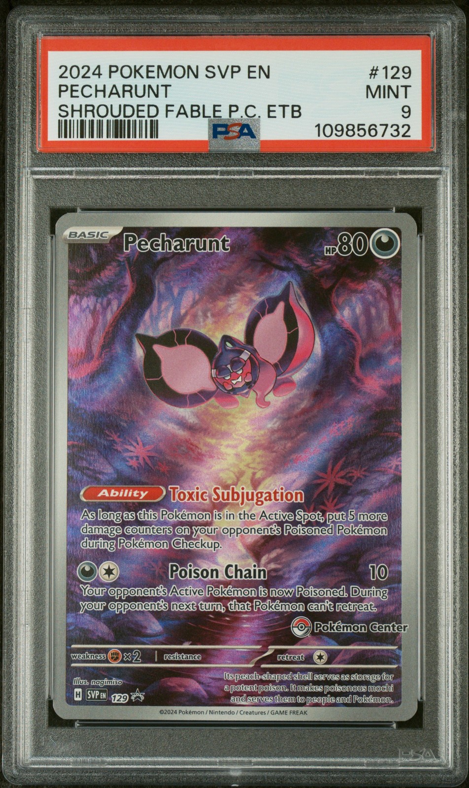 2024 POKEMON SHROUDED FABLE POKEMON CENTER ETB PROMO #129 PECHARUNT PSA 9 - Image 1