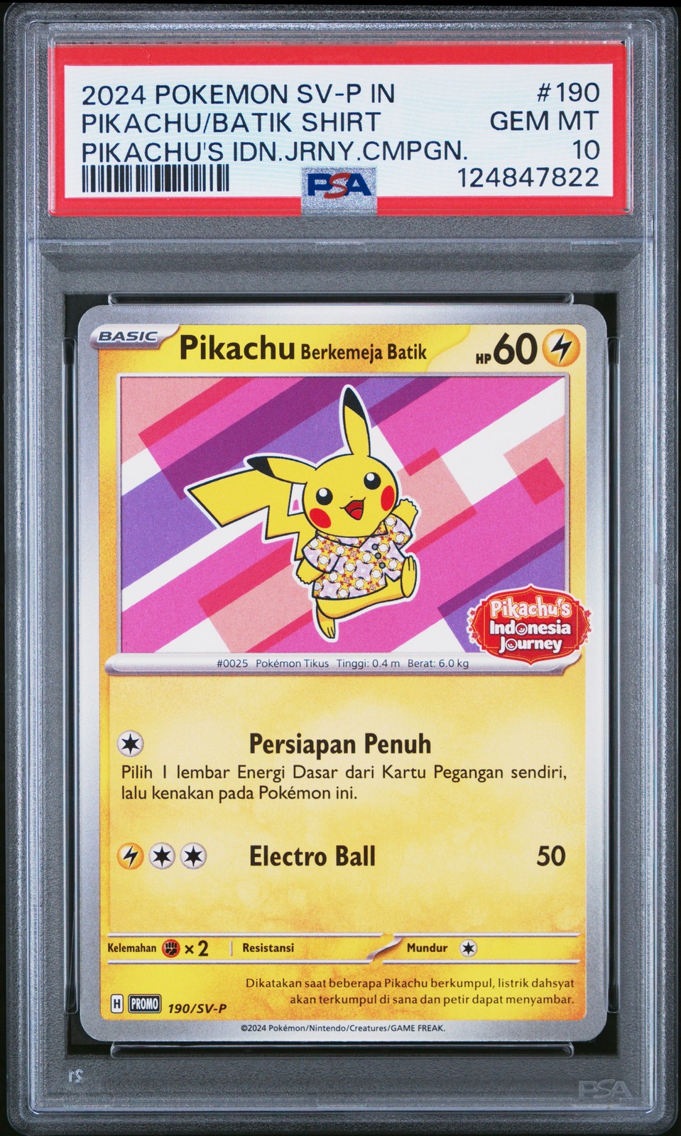 2024 POKEMON INDONESIAN SV-P PROMO #190 PIKACHU IN BATIK SHIRT PSA 10 - Image 1