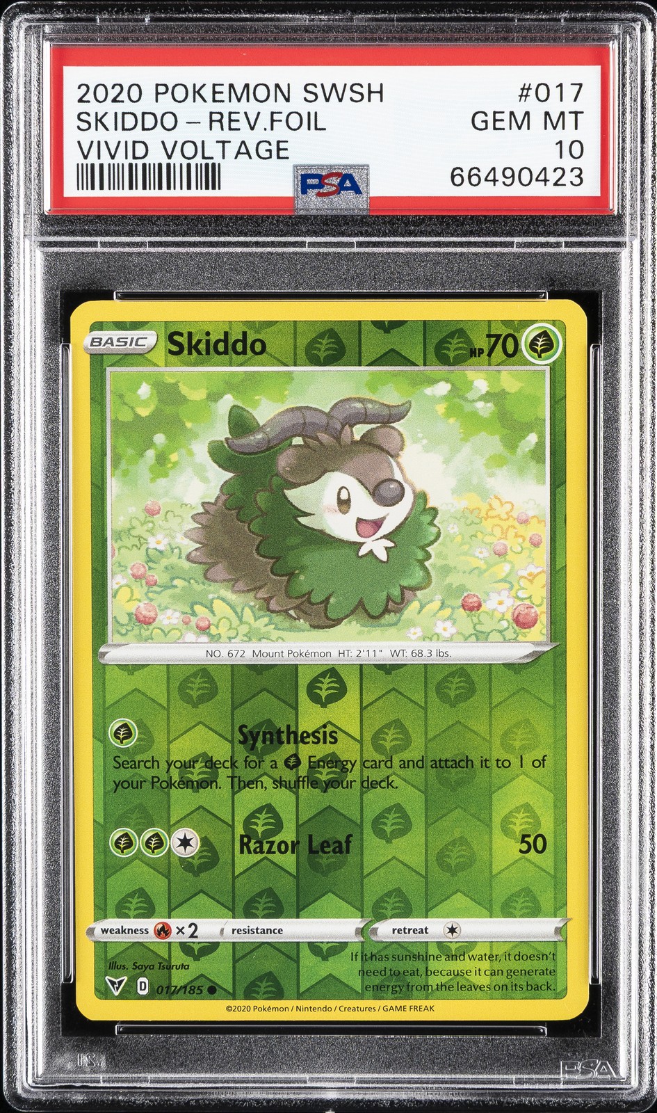2020 POKEMON SWORD & SHIELD VIVID VOLTAGE #017 SKIDDO-REVERSE FOIL PSA 10 - Image 1