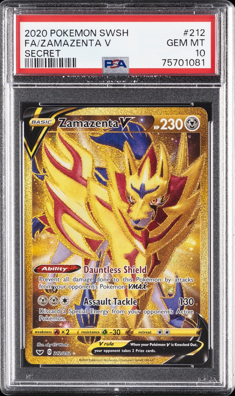 2020 POKEMON SWORD & SHIELD SECRET #212 FULL ART/ZAMAZENTA V PSA 10