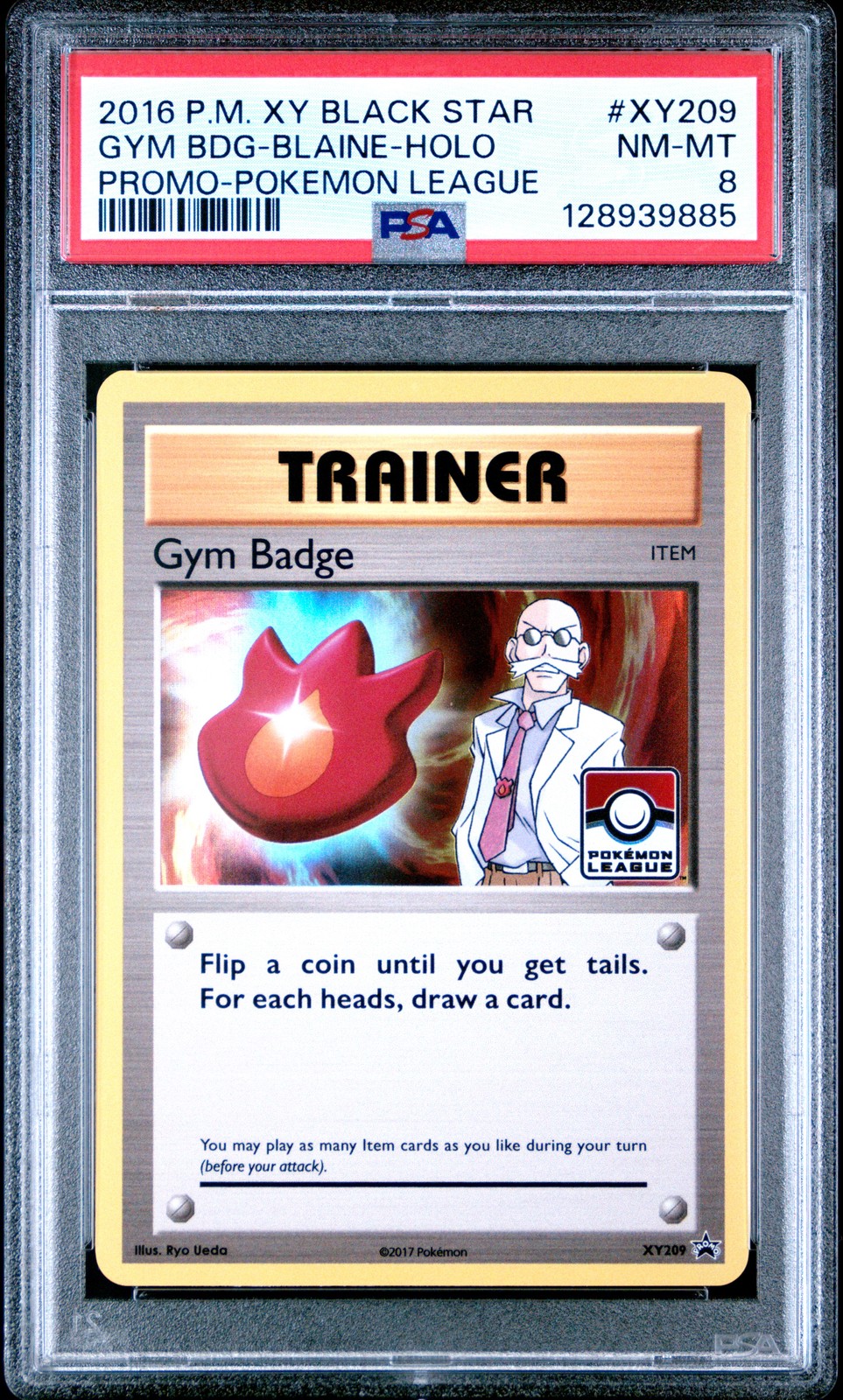 2016 POKEMON XY BLACK STAR PROMO POKEMON LEAGUE GYM BADGE-BLAINE-HOLO PSA 8