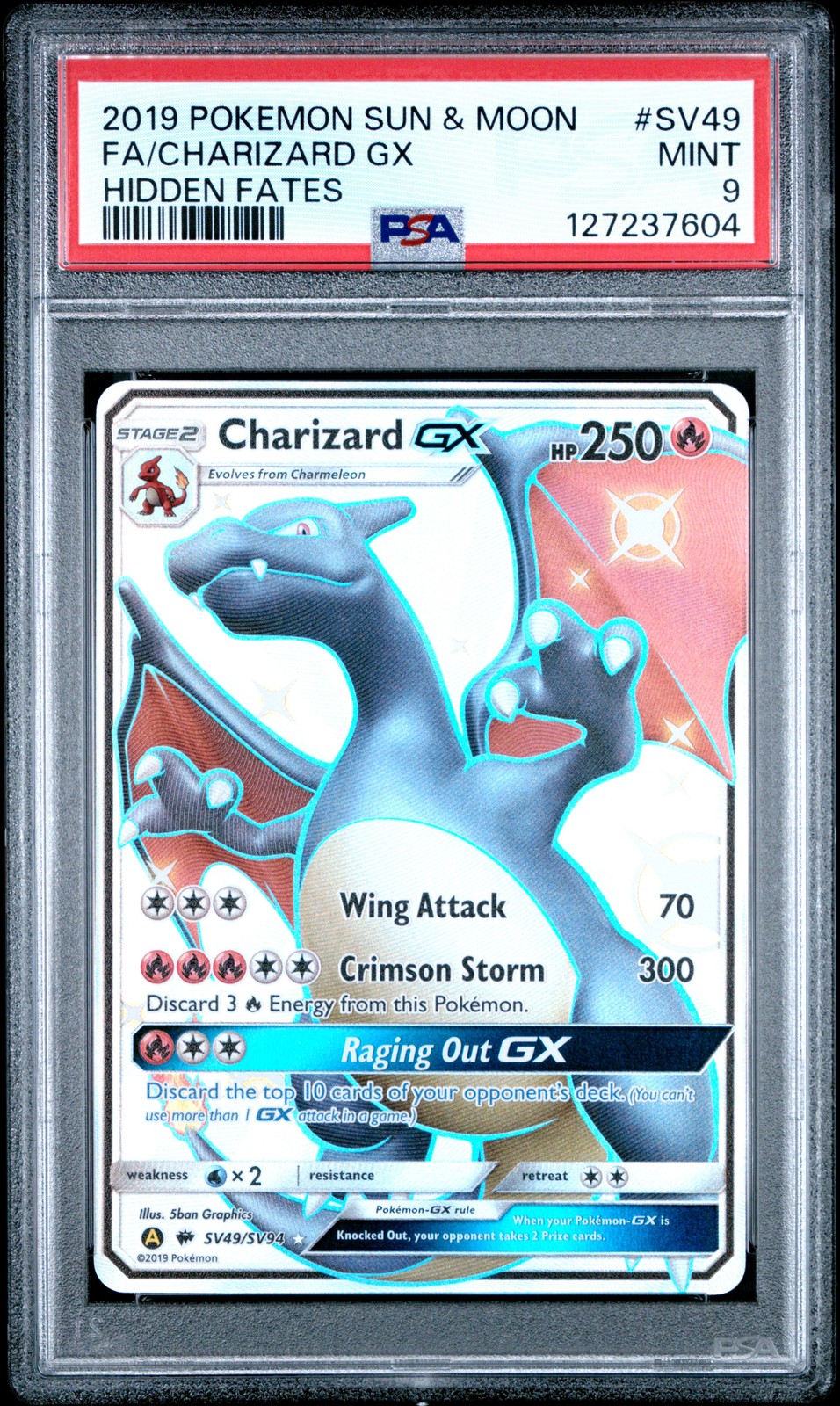 2019 POKEMON SUN & MOON HIDDEN FATES #SV49 FULL ART/CHARIZARD GX PSA 9