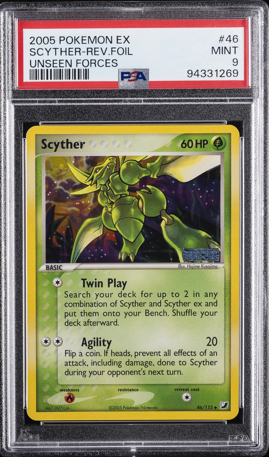 2005 POKEMON EX UNSEEN FORCES #46 SCYTHER-REVERSE FOIL PSA 9 - Image 1