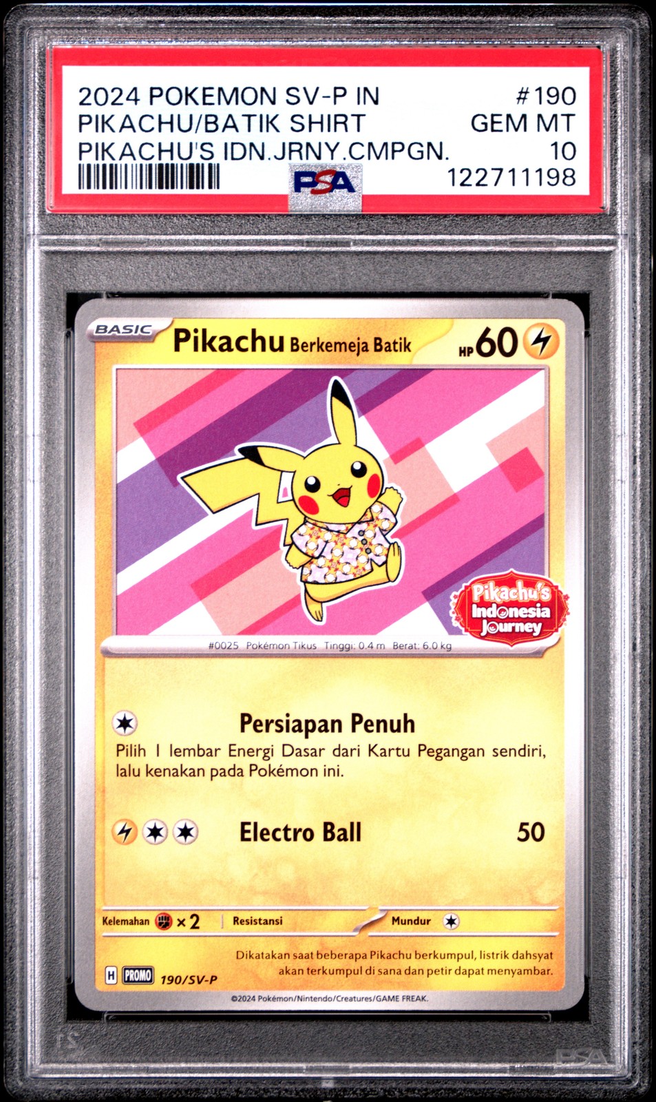 2024 POKEMON INDONESIAN SV-P PROMO #190 PIKACHU IN BATIK SHIRT PSA 10
