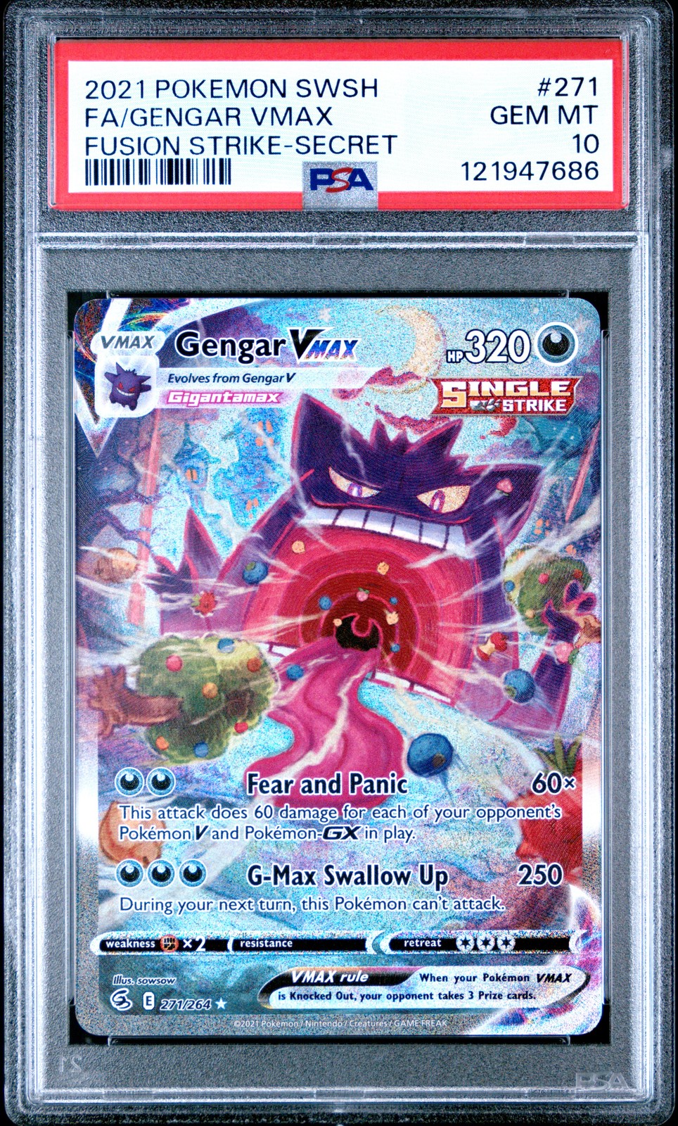 2021 POKEMON SWORD & SHIELD FUSION STRIKE SECRET FULL ART/GENGAR VMAX PSA 10 - Image 1