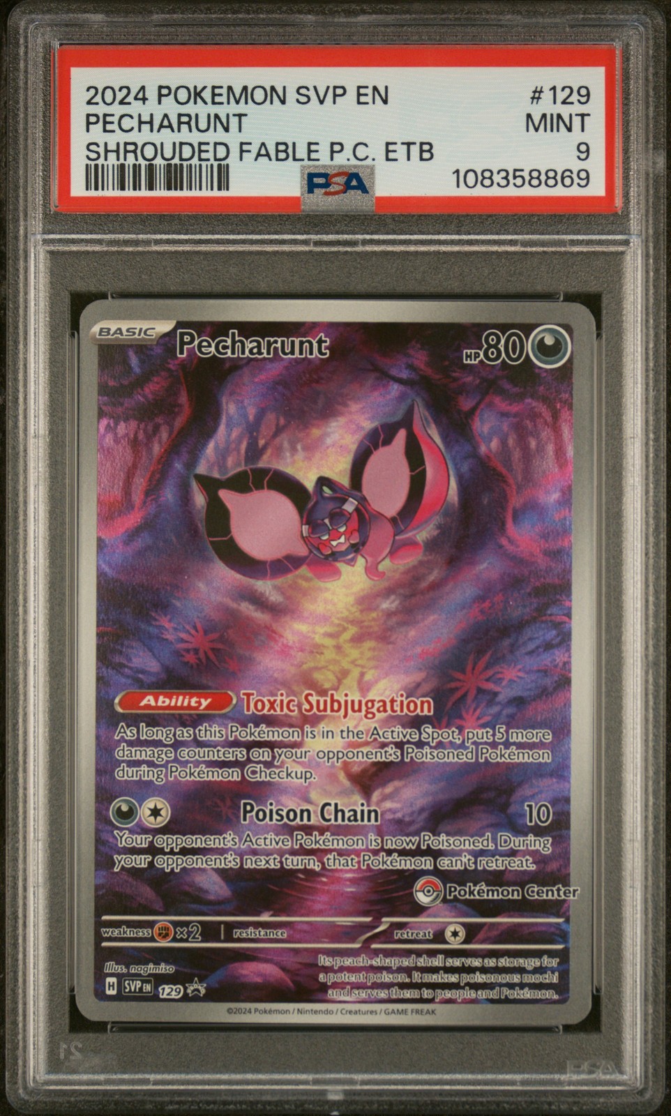 2024 POKEMON SHROUDED FABLE POKEMON CENTER ETB PROMO #129 PECHARUNT PSA 9 - Image 1