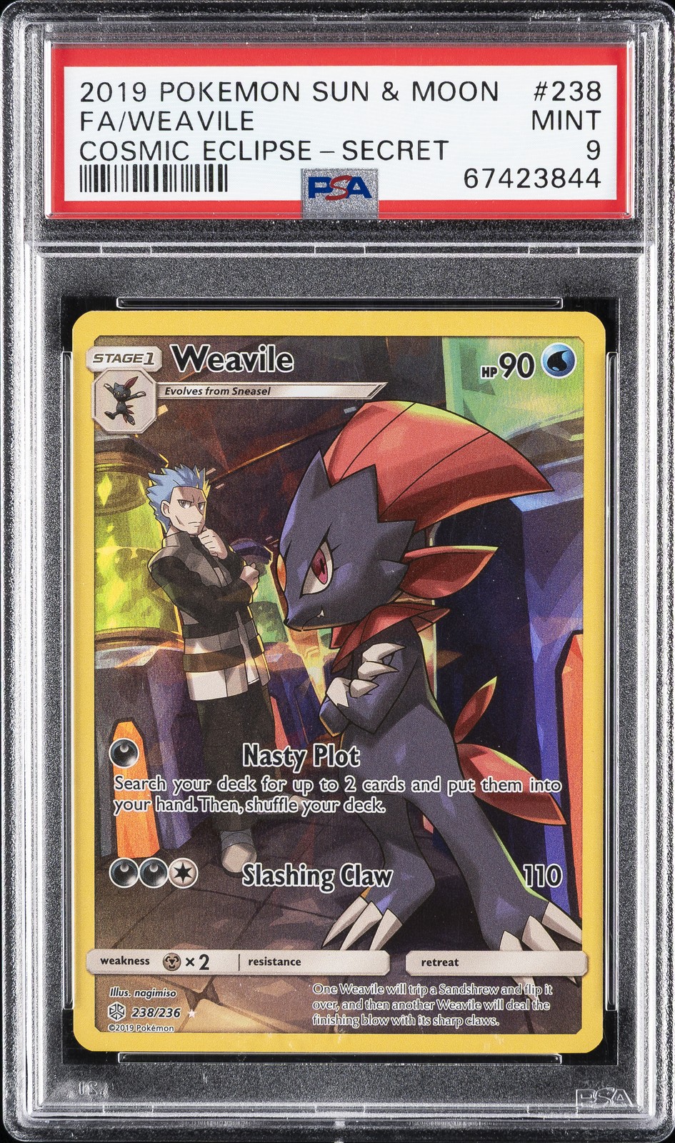 2019 POKEMON SUN & MOON COSMIC ECLIPSE SECRET #238 FULL ART/WEAVILE PSA 9 - Image 1