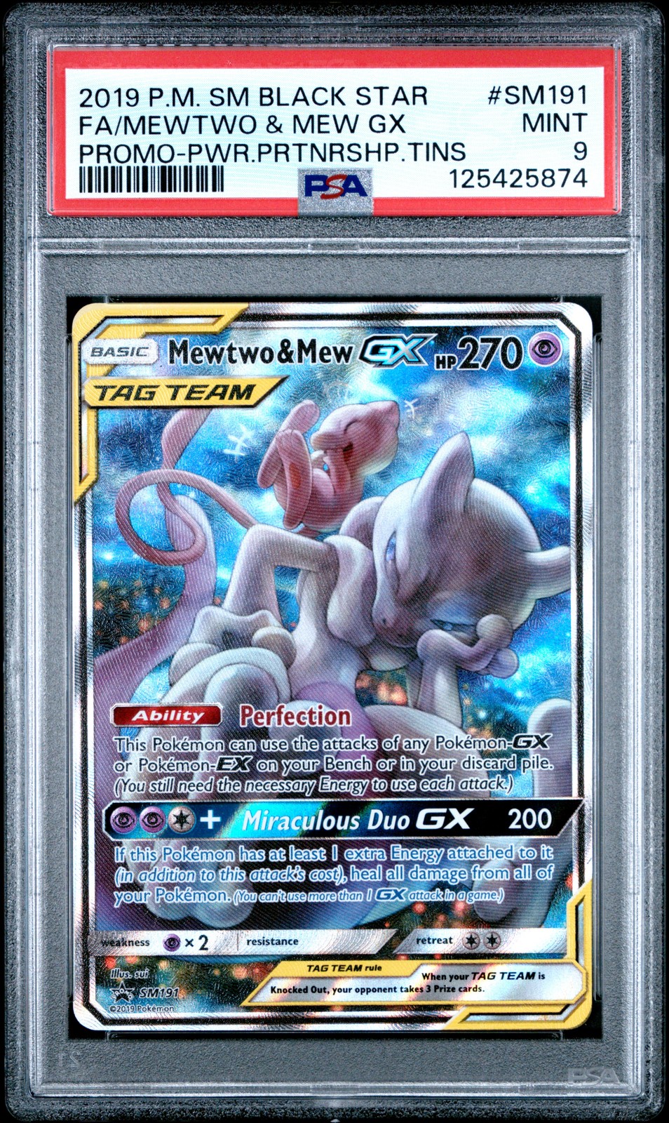 2019 POKEMON SM BLACK STAR PROMO #SM191 FULL ART/MEWTWO & MEW GX PSA 9 - Image 1